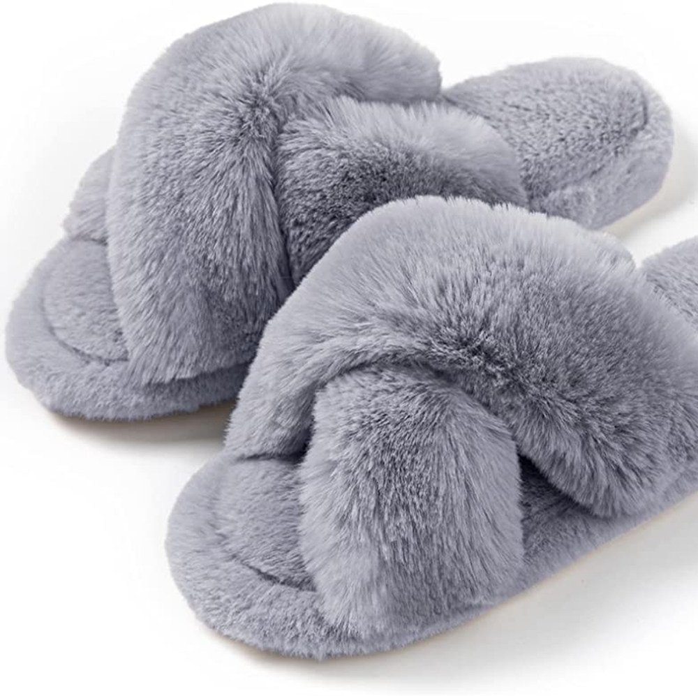 Memory Foam Cross Band Faux Fur Fuzzy Cozy Anti-Skid Slippers